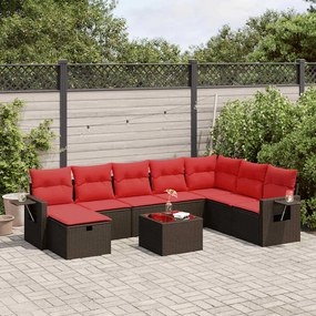 9 pcs conjunto sofás p/ jardim c/ almofadões vime PE castanho