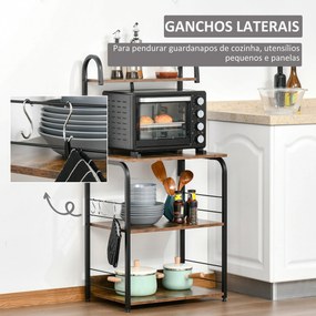 Estante de Cozinha Estante para Microondas com 4 Níveis Ganchos e Pés Ajustáveis Estante de Armazenamento 60x40x125 cm Castanho Rústico