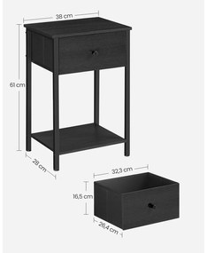 Mesa de cabeçeira com gaveta em tecido e prateleira 28 x 38 x 61 cm preta