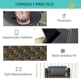 Outsunny Espreguiçadeira dobrável de vime com encosto ajustável Apoio de cabeça removível Suporte para copos e telefone Jardim Terraço 65x70x110 cm Cinza