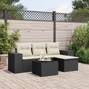 5 pcs conjunto sofás de jardim com almofadões vime PE preto