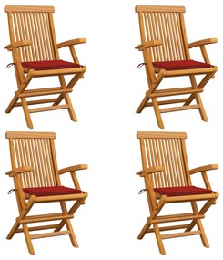 vidaXL Cadeiras de jardim c/ almofadões vermelhos 4 pcs teca maciça