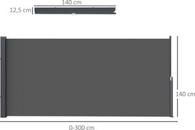 Toldo lateral com proteção contra olhares indiscretos, retrátil, 3 x 1,4 m, em alumínio e poliéster anti-UV de alta densidade (180 g/m²), cinzento esc