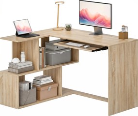 Secretária de canto, 120 x 100 x 76 cm,em L para computador com suporte para teclado, 4 compartimentos abertos, natural