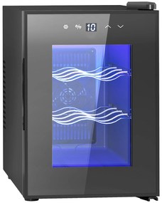 HOMCOM Cave de Vinho para 6 Garrafas com Luz LED Ecrã Tátil Controlo de Temperatura e 2 Prateleiras Ajustáveis 26,5x51,5x39,3 cm Preto | Aosom Portugal