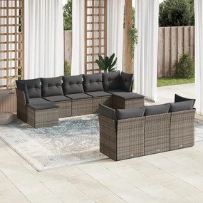 10 pcs conjunto sofás de jardim c/ almofadões vime PE cinzento