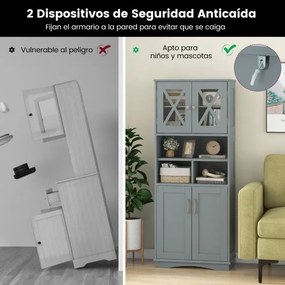 Armário multifuncional de casa de banho ou cozinha 60 x 30 x 145 cm com portas e 3 cubos e com estantes ajustáveis Cinzento
