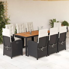 9 pcs conjunto de jantar p/ jardim c/ almofadões vime PE preto