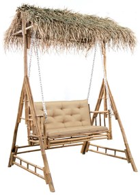 Banco baloiço 2 lug. bambu c/ folhas palmeira e almofadão 202cm