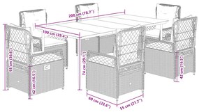 7 pcs conjunto de jantar p/ jardim com almofadões vime PE bege