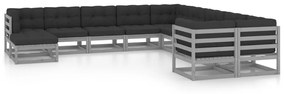 vidaXL 11 pcs conj. lounge jardim c/ almofadões pinho maciço cinzento