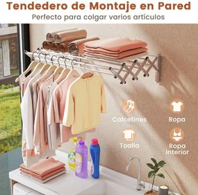Estendal extensível de parede dobrável para roupa em aço inoxidável com 8 barras 63 x 86 x 22 cm prateado