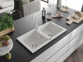 Mexen Mario lava-louça de granito de 2 cubas com torneira de cozinha Telma, branco - 6504-20-670200-20