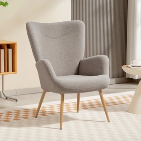 Poltrona de sala, poltrona auxiliar estofada em tecido bouclé com encosto alto e braços, 71 x 74 x 97,5 cm, cinzento