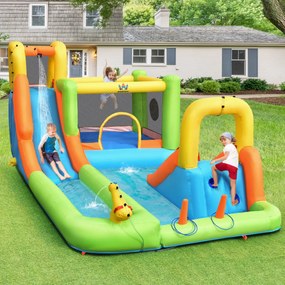 Parque aquático insuflável com soprador, escorrega, cesto de basquetebol, lançamento de anéis e parede de escalada 503 x 290 x 216 cm Multicolorido