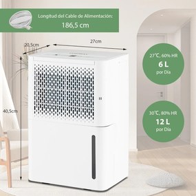 Desumidificador 12 L Silencioso e Eficiente com Temporizador de Secagem Automático em Modo Contínuo 27 x 20,5 x 40,5 cm Branco