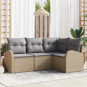 vidaXL Conjunto de Sofá de 4 Peças com Almofadas Bege Rattan PE