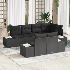 Conjunto de Sofá de Jardim de 7 Peças com Almofadas Preto Vime Poliést