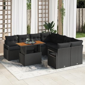 Conjunto de Sofá de Jardim de 9 Peças com Almofadas Preto de Vime Poli
