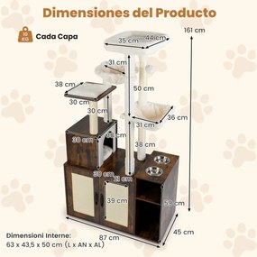 Arranhador para gatos 2 em 1 com movel para caixa de areia (CAIXA AREIA NÃO INCLUIDA) 87 x 45 x 161 cm, e estação de alimentação Café