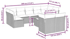 10 pcs conjunto sofás de jardim c/ almofadões vime PE preto