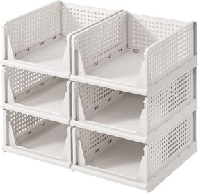 Conjunto de 6 cestos extensíveis dobráveis para armário, organizador empilhável para guarda-roupa brancos