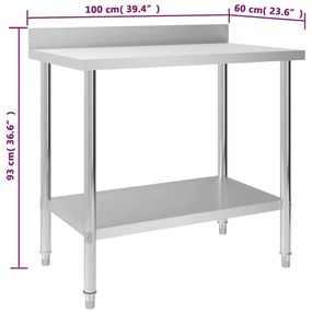 Mesa cozinha rebordo antissalpicos 100x60x93 cm aço inoxidável