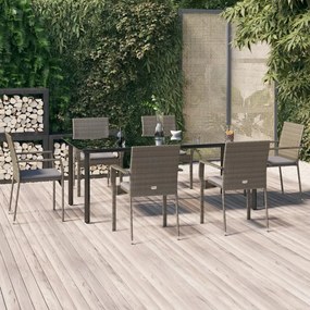vidaXL 7 pcs conjunto jantar jardim c/ almofadões vime PE preto/cinza