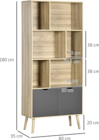 Estante, armário de arrumação com 6 prateleiras, 80 x 35 x 180 cm, em tom natural e cinzento escuro