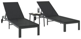 Espreguiçadeiras 2 pcs com Rodas e Mesa em Rattan Preto