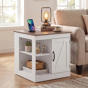 Mesa apoio, mesa cabeçeira Rústica 60 x 60 x 61 cm com Estação de Carregamento, com Porta Deslizante para Quarto e Sala Branco + Natural