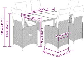 7 pcs conjunto bistrô de jardim c/ almofadões vime PE castanho