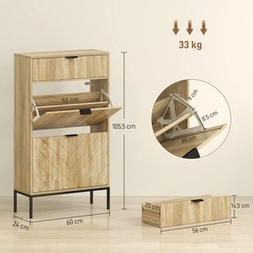 Sapateira Estreita com 2 Portas Gaveta e Prateleiras Ajustáveis para 8 Pares de Sapatos 60x24x105,5 cm Madeira