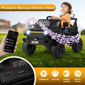 Jipe Elétrico Infantil 12V Veículo movido a bateria com controlo remoto 3 velocidades Luzes LED Música para Crianças Preto