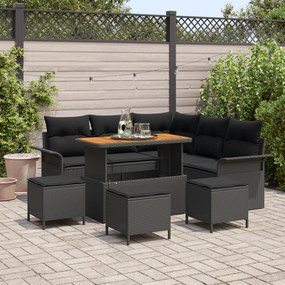 Conjunto de Sofá de Jardim vidaXL de 9 Peças com Almofadas Vime Preto Acácia