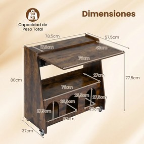 Secretária para Computador Dobrável com Rodas, 78,5 x 57,5 x 80 cm, Ala Lateral Dobrável, Castanho