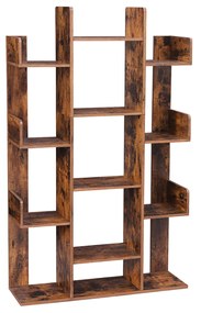 Estante para livros com design em forma de árvore e 13 prateleiras. | VASAGLE | 86 x 25 x 140 cm | castanho rústico | LBC67BXV1.