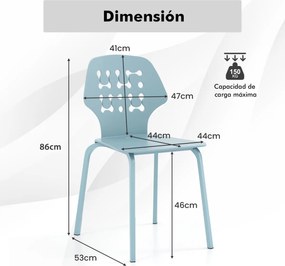 Conjunto de 4 cadeiras de jantar modernas em meta com costas ocas e pernas em metal Cadeira de hóspedes sem braços Azul