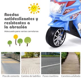 Moto eléctrica para crianças com bateria 6 V com 3 rodas Música incorporada, luzes, velocidade para a frente e marcha-atrás Azul