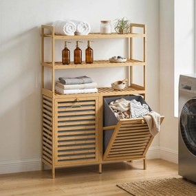Móvel de casa de banho 80 L x 30 P x 118 A cm com cesto de roupa suja em bambu, com 2 cestos amovíveis e prateleiras de 3 níveis, em cor carvalho