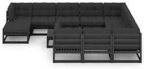 12 pcs conjunto longue jardim c/ almofadões pinho maciço preto