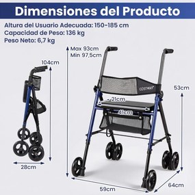 Andador para idosos com assento, pegas ajustáveis em 8 níveis, encosto em malha, bolsa de arrumação e rodas, preto + azul