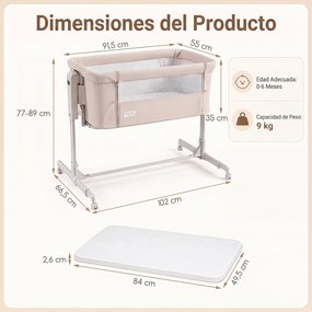 Berço para Bebés 3 em 1, 102 x 66,5 x 89 cm, Altura Regulável em 6 Níveis, Bege
