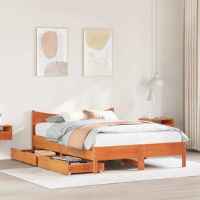 Estrutura cama c/ gavetas 150x200 cm pinho maciço castanho-mel