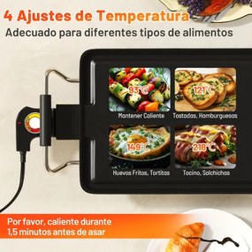 Grelhador elétrica portátil 105x24x10,5 cm com 2 superfícies de cozedura Termostato de 4 níveis e tabuleiro removível
