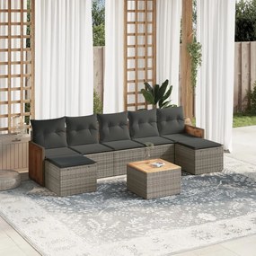 8 pcs conjunto sofás de jardim c/ almofadões vime PE cinzento