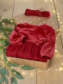 Conjunto de natal, vestido em tule com purpurinas e fita de cabelo, para bebé vermelho
