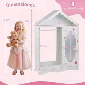Guarda Roupa infantil 85,5 x 30 x 121 cm com telhado e espelho, com barra para pendurar prateleiras e ganchos, para quarto, sala de jogos, branco