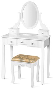 Toucador Mesa de Maquilhagem de Madeira com Banquinho Branco Almofadado de Espelho Oval Rotativo 360°  Branco