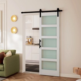 Porta de Correr com Ferragens 71x213 cm Porta de Correr Interior de MDF e Vidro Fosco com Rolo Trilho Guia de Chão Branco